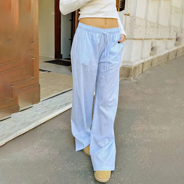 Striped Printed Elastic Waist Drawstring Pocket Straight Casual Trousers Sky Blue - Shop at LoveMi