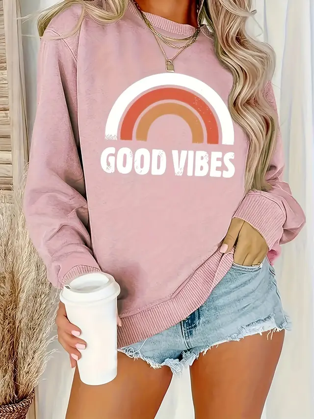 Rainbow Letter Plus Size Round Neck Sweater Pink - Shop at LoveMi