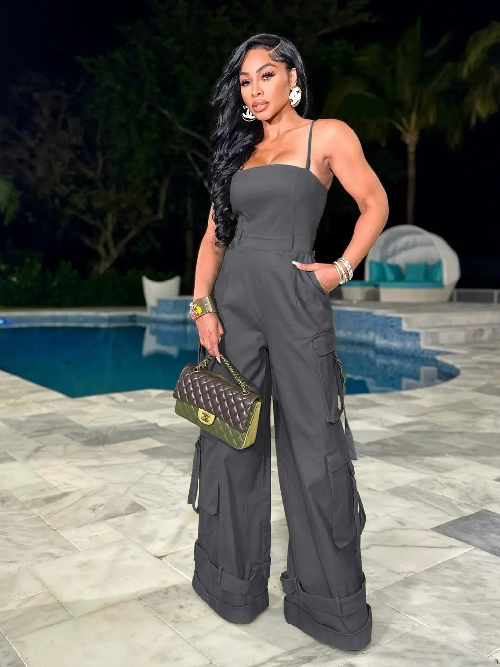 Women's Tube Top Multi-pocket Workwear Wide Leg Jumpsuit - Gray