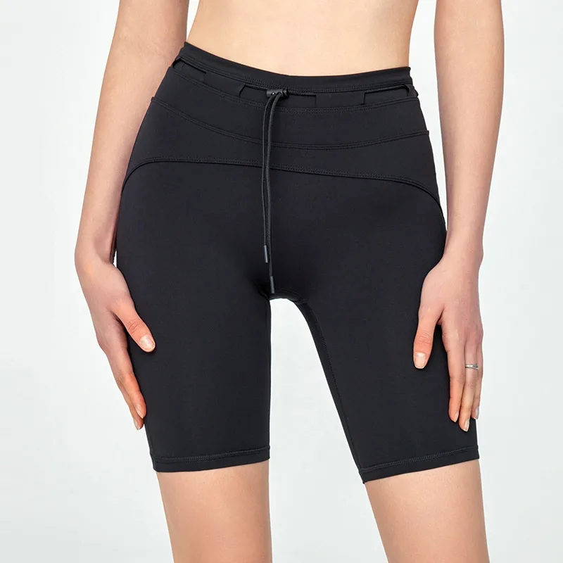 Women's High Waist Hip Lift Tight Drawstring Yoga Shorts - Black