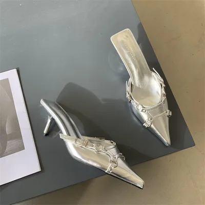 Pointed Stiletto Toe Cap Semi Slipper Belt Buckle Silver - Shop at LoveMi