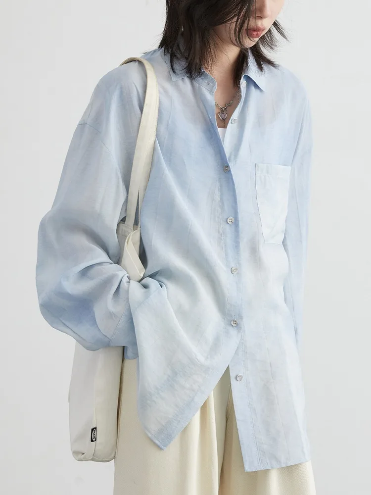 Women's Texture Tie-dyed Lapel Back Slit Long Sleeve Shirt - Light Blue - View 1