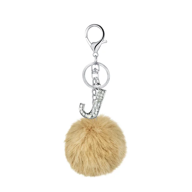 26 Colors Rex Rabbit Fur Ball Diamond English Letters Keychain 10 Khaki - Shop at LoveMi