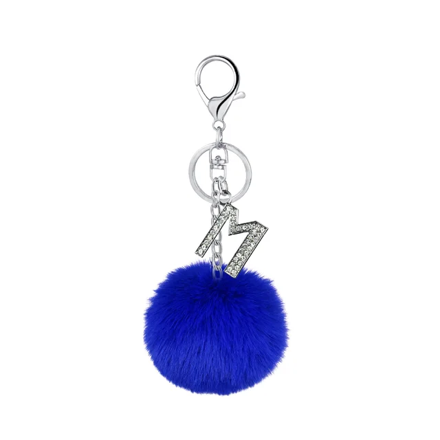 26 Colors Rex Rabbit Fur Ball Diamond English Letters Keychain 13 Dark Blue - Shop at LoveMi