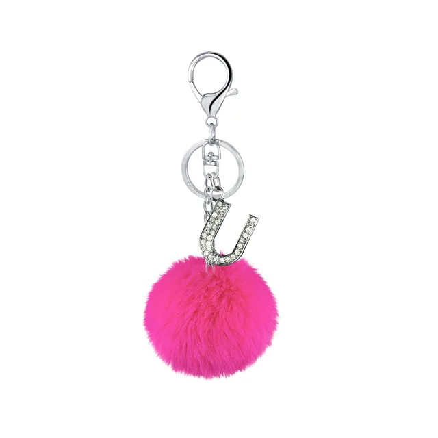 26 Colors Rex Rabbit Fur Ball Diamond English Letters Keychain 21 Rose Red - Shop at LoveMi