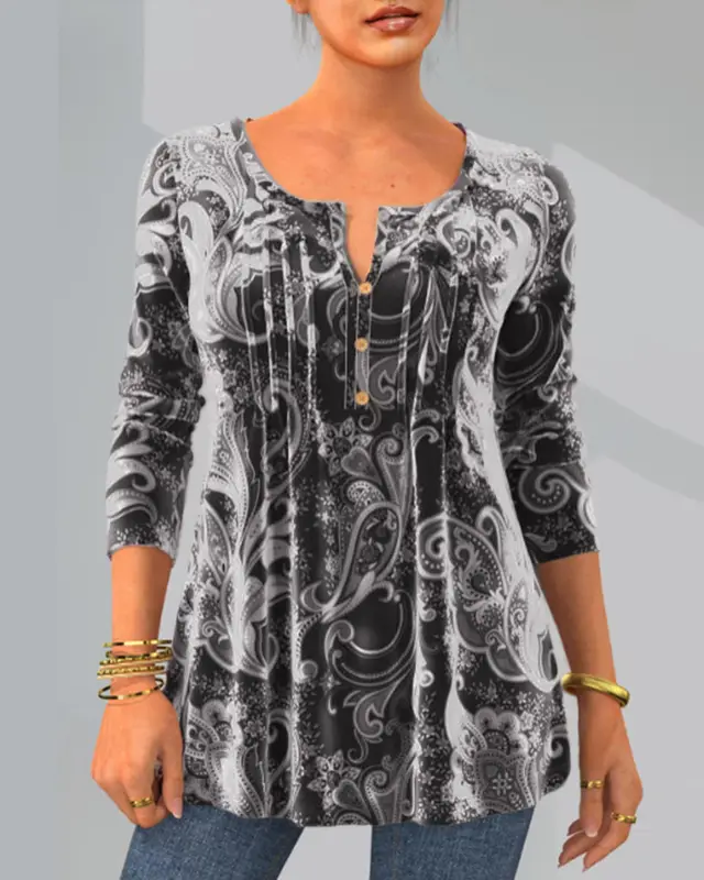 Fashion Print Round Neck Long Sleeve Top Gray - Shop at LoveMi