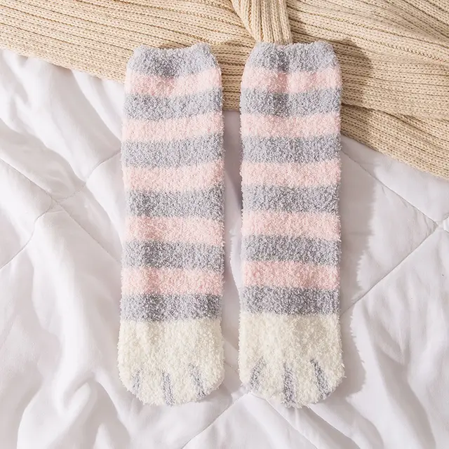 New Coral Velvet Cat's Paw Socks For Women Fleece Lined Padded Warm Keeping Pink Striped - Shop at LoveMi