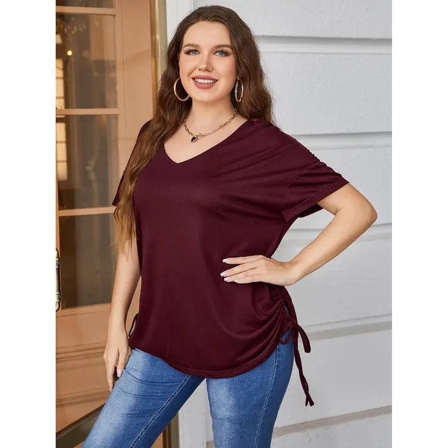 Plus Size Short sleeved Top Women's Summer Solid Color Loose V neck T shirt Plump Girls Ft01M Maroon - Shop at LoveMi