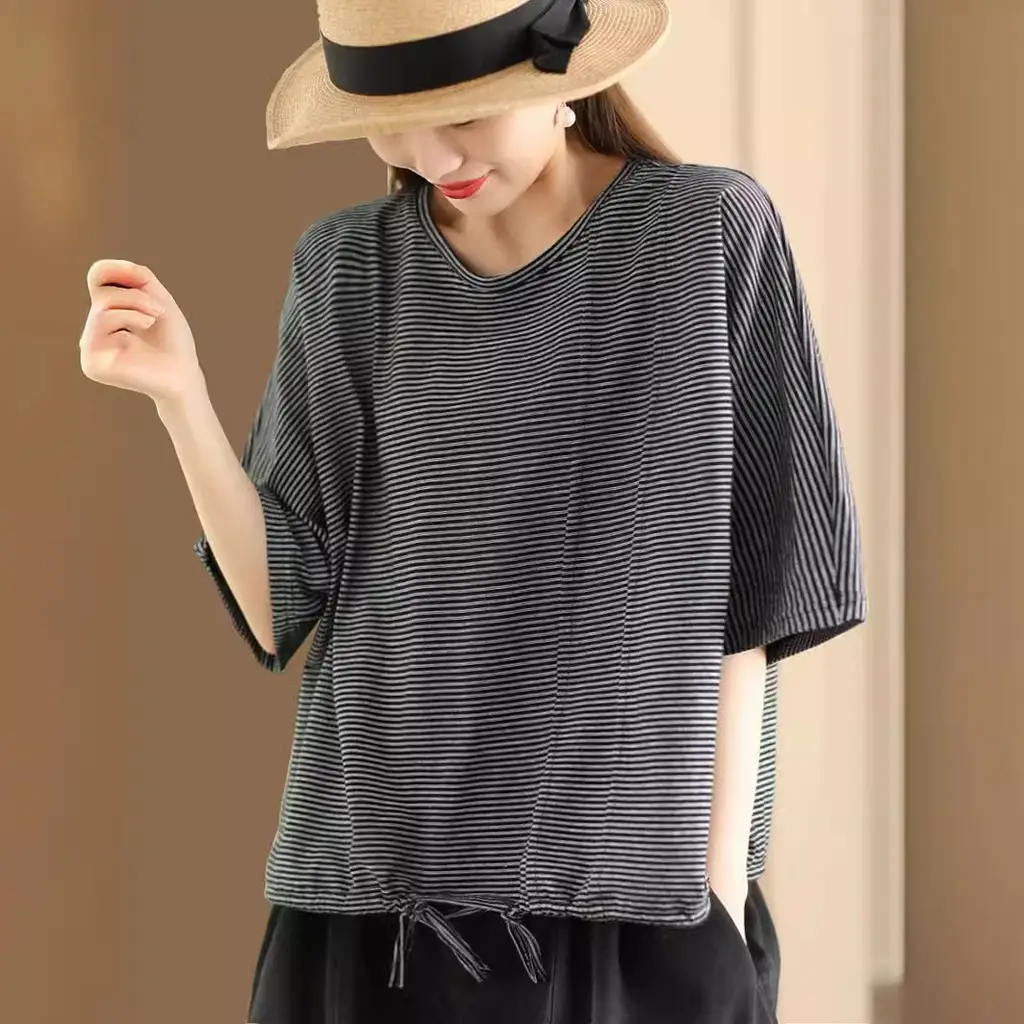 Women's Retro Striped Cotton Short-sleeved Drawstring Pullover - Black