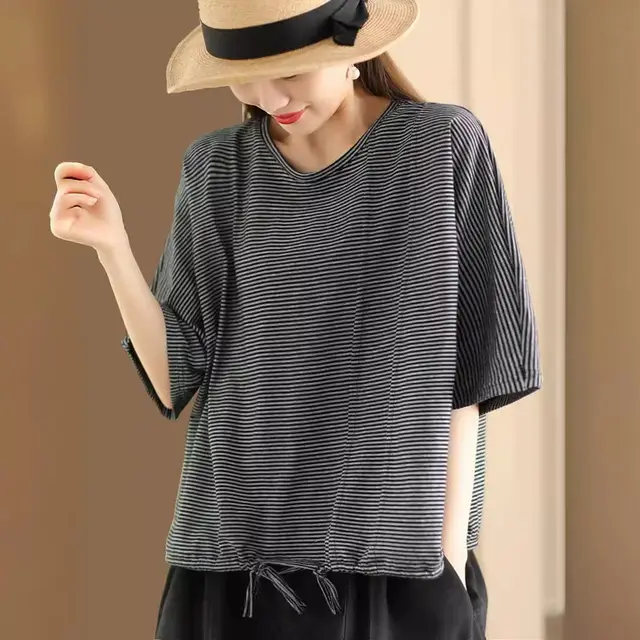 Women's Retro Striped Cotton Short sleeved Drawstring Pullover Black - Shop at LoveMi