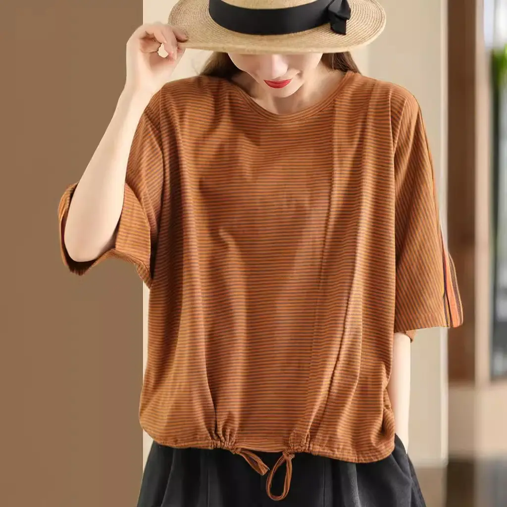 Women's Retro Striped Cotton Short-sleeved Drawstring Pullover - Caramel Orange - View 1