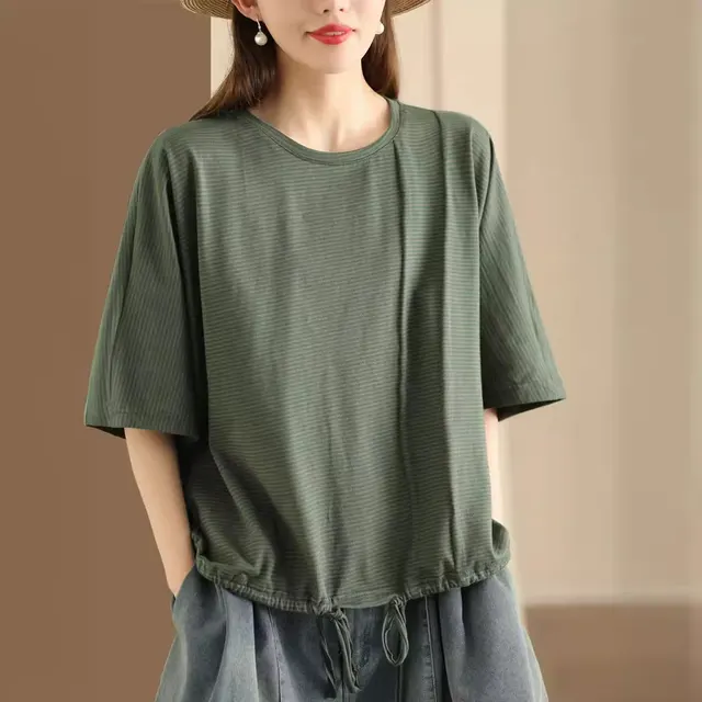 Women's Retro Striped Cotton Short sleeved Drawstring Pullover Green - Shop at LoveMi