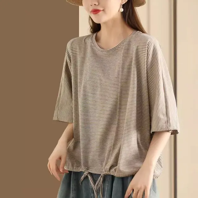 Women's Retro Striped Cotton Short sleeved Drawstring Pullover Khaki - Shop at LoveMi