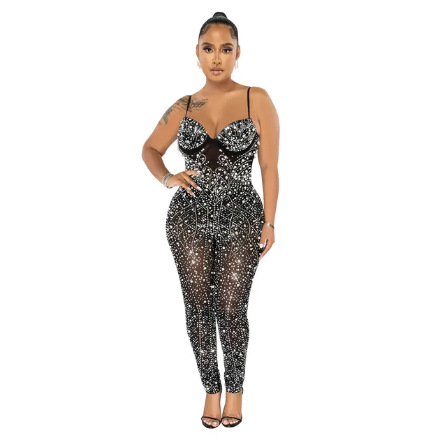Women's Pure Color Mesh Rhinestone Sleeveless Trousers Jumpsuit C6272 Black - Shop at LoveMi