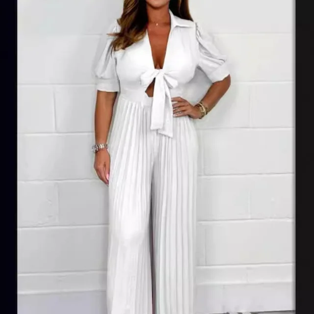 Women's Solid Color Pleated Slim Strap Casual Jumpsuit White - Shop at LoveMi