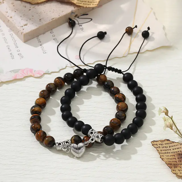 Frosted White Turquoise Couple Bracelet Heart shaped Pulling Rope Yellow Eye Suit - Shop at LoveMi