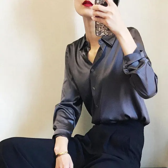 Satin Real Silk Shirt Elegant High end Navy Blue - Shop at LoveMi