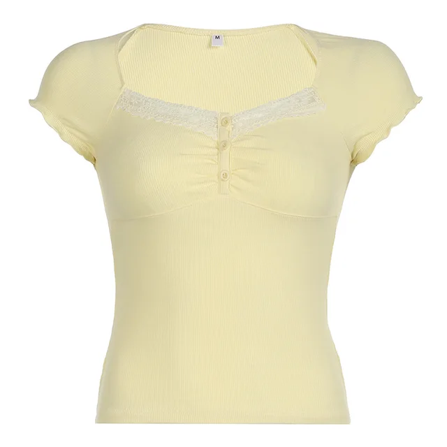Lace Slim Fit Patchwork Bottoming Shirt Outer Wear Top Yellow - Shop at LoveMi