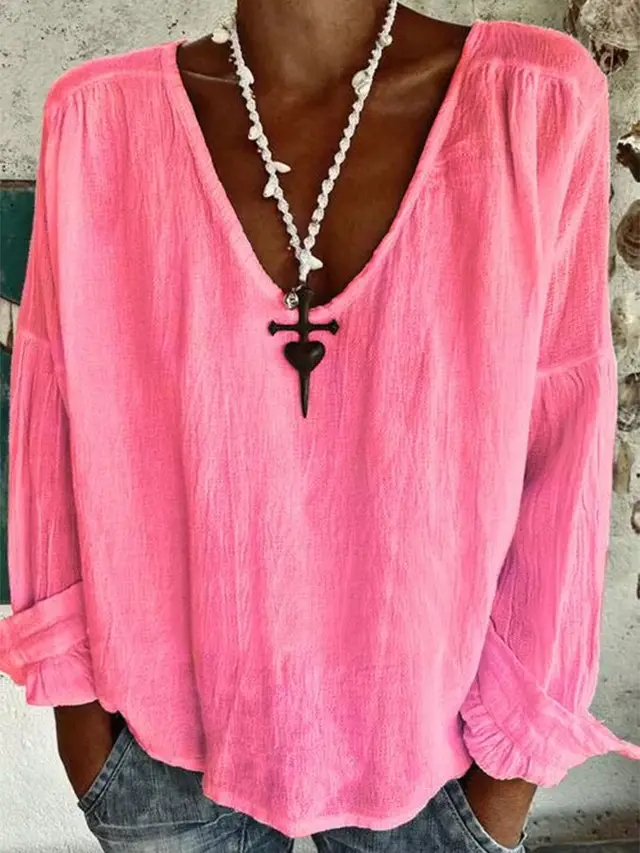 Solid Color And V neck Long sleeved Exquisite Linen T shirt Shirt Nt25Tfljppx106 - Shop at LoveMi