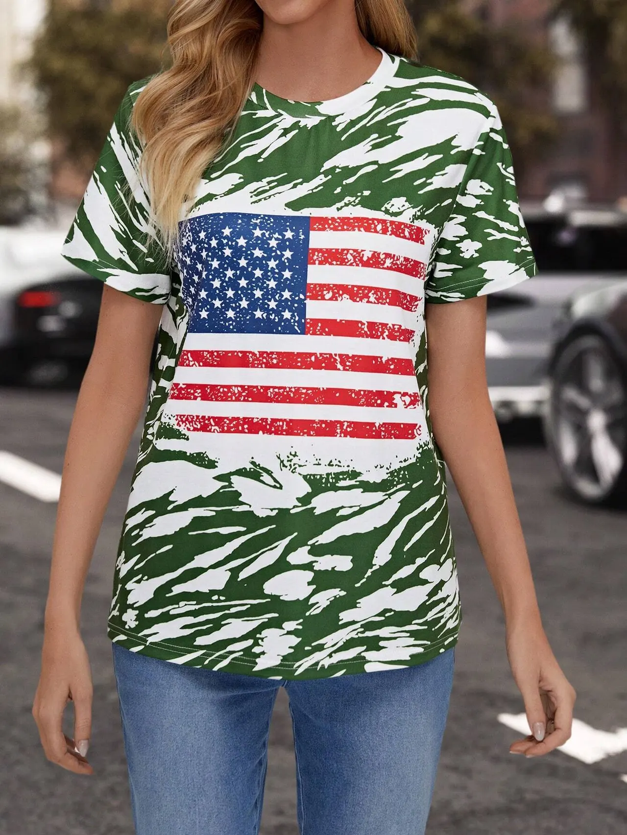 Flag Print T-shirt Crew Neck Casual - 3E5Z4Gu