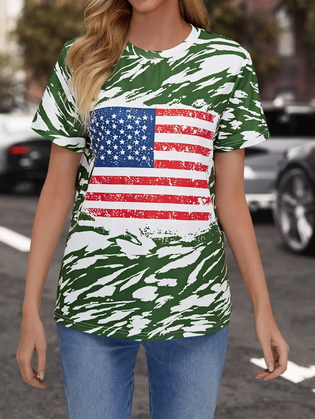 Flag Print T-shirt Crew Neck Casual - 3E5Z4Gu