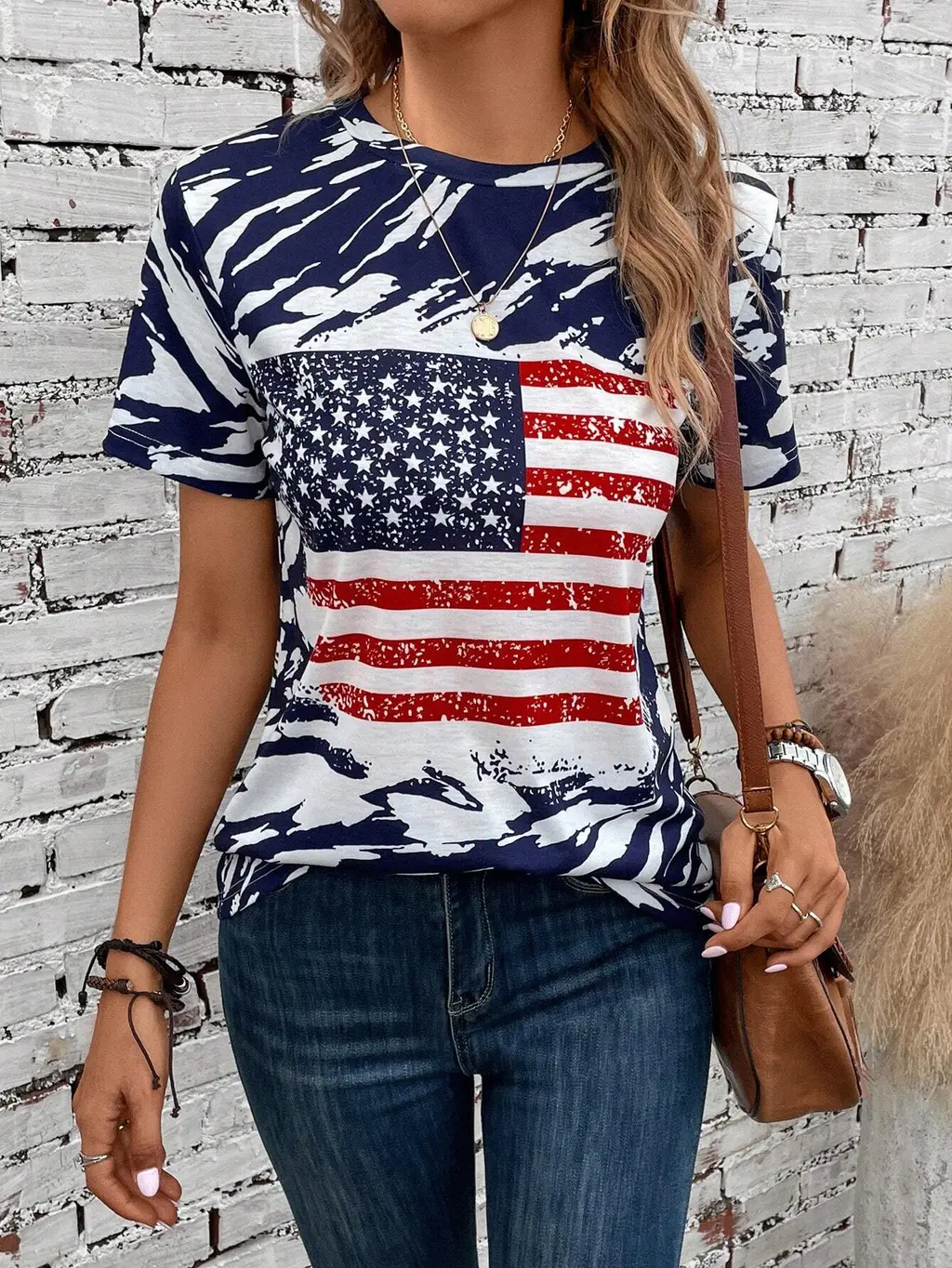Flag Print T-shirt Crew Neck Casual - 3E5Z4Gv