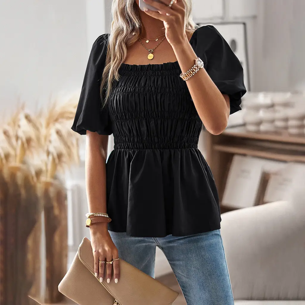 Waist Slimming French Square Collar Top - Black
