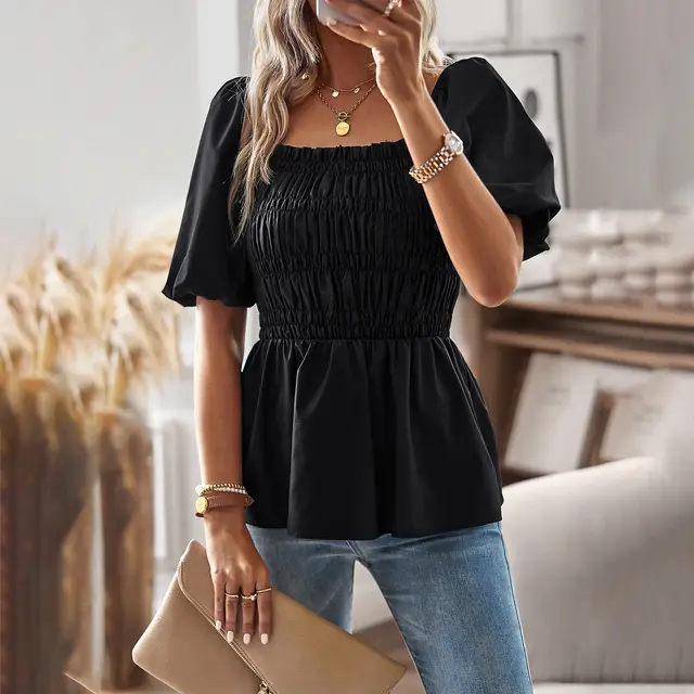Waist Slimming French Square Collar Top Black - Shop at LoveMi