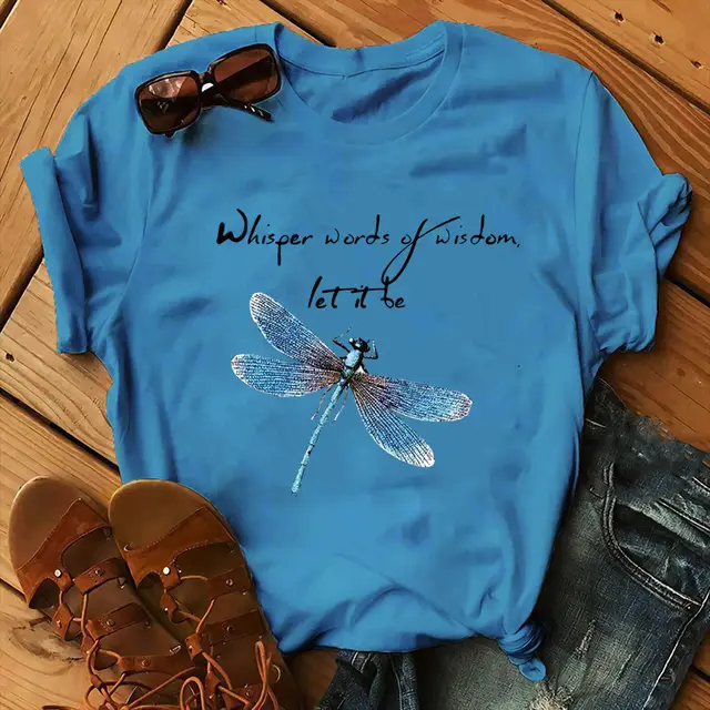 Let It Be Cute Bee Letter Alpaca Casual Women's T shirt Hole Blue Black Word - Shop at LoveMi