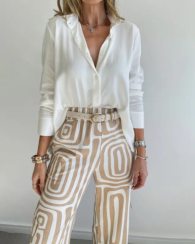 Women's Casual Long sleeved Lapel Shirt Printed Wide leg Pants Suit Khaki Set With Belt - Shop at LoveMi
