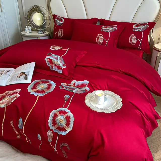 Pure Cotton Bed Sheet Duvet Cover Embroidered Long staple Cotton Four piece Set Bright Red - Shop at LoveMi