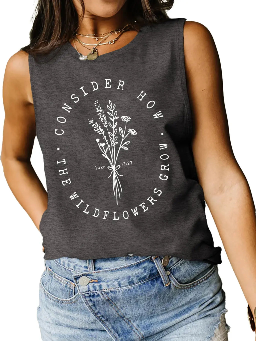 Consider How Flowers And Plants Letter Print Loose Vest - Dark Gray