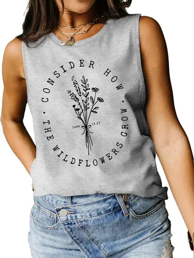 Consider How Flowers And Plants Letter Print Loose Vest Light Gray - Shop at LoveMi