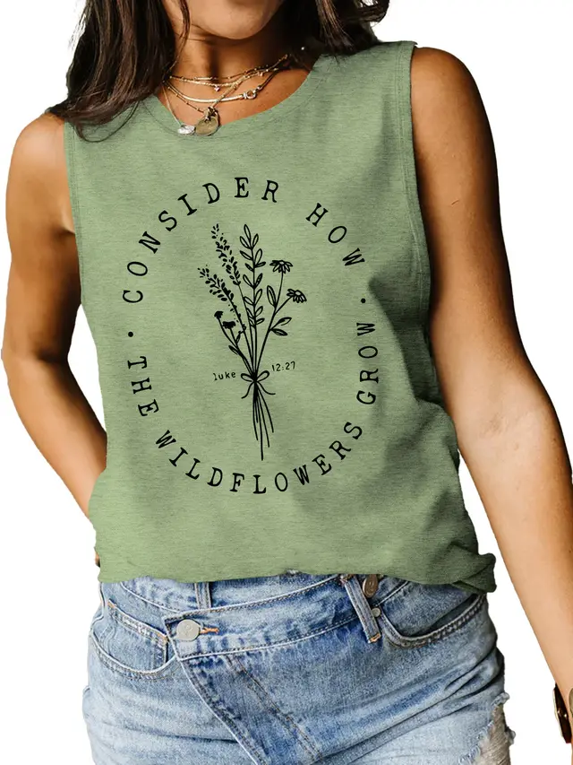 Consider How Flowers And Plants Letter Print Loose Vest Olive Green - Shop at LoveMi