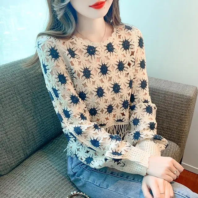 Fashion Korean Style Sweet Geometric Pattern Long Sleeve Round Neck Pullover Slimming Youthful looking Lace Shirt Navy Blue - Shop at LoveMi
