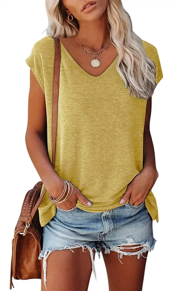 Women's Cap Sleeve V neck Solid Color Casual Loose fitting T shirt Yellow - Shop at LoveMi