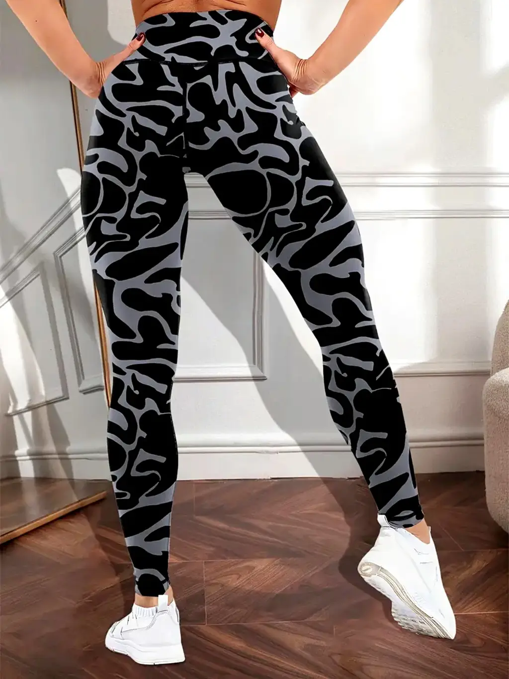 Women's Camouflage Printed High Waisted Hip Lifting Yoga Pants - Camouflage Black And Gray