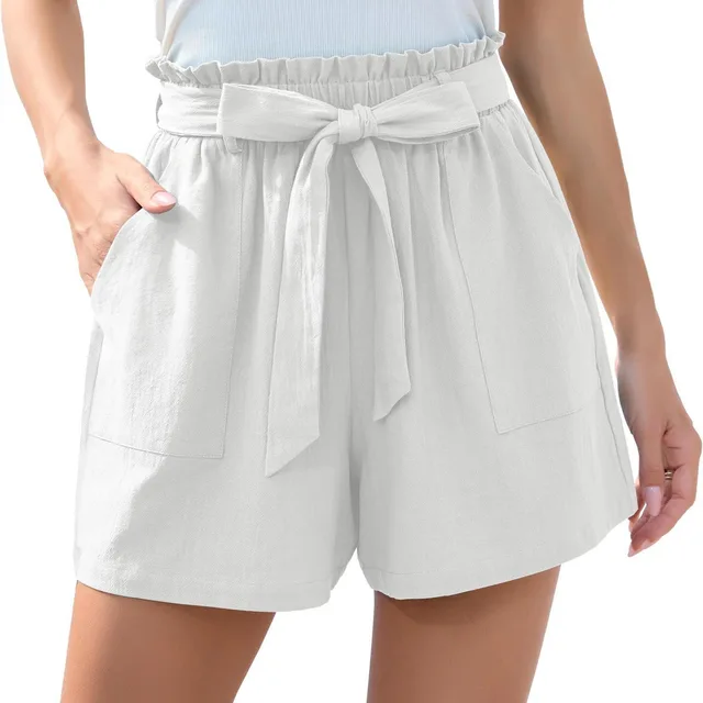 Fashion Ruffle Bow Waist Tie Shorts Summer Beach Pants With Pockets Womens Clothing White - Shop at LoveMi