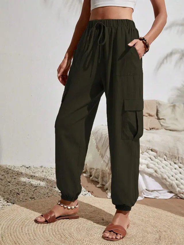 New Drawstring Overalls With Pockets Summer Cool Trousers Casual Versatile Solid Color Skinny Pants Womens Clothing Black - Shop at LoveMi