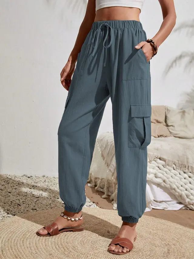 New Drawstring Overalls With Pockets Summer Cool Trousers Casual Versatile Solid Color Skinny Pants Womens Clothing Denim Blue - Shop at LoveMi