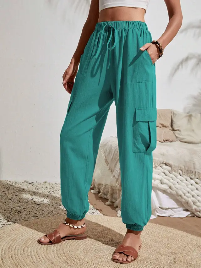 New Drawstring Overalls With Pockets Summer Cool Trousers Casual Versatile Solid Color Skinny Pants Womens Clothing Green - Shop at LoveMi