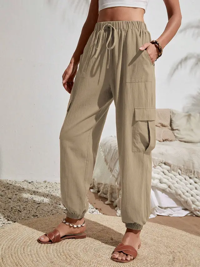 New Drawstring Overalls With Pockets Summer Cool Trousers Casual Versatile Solid Color Skinny Pants Womens Clothing Khaki - Shop at LoveMi