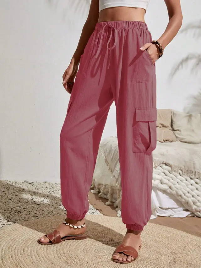 New Drawstring Overalls With Pockets Summer Cool Trousers Casual Versatile Solid Color Skinny Pants Womens Clothing Pink - Shop at LoveMi