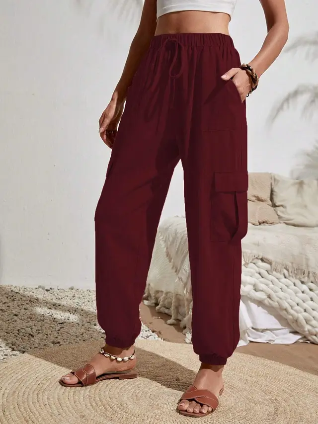 New Drawstring Overalls With Pockets Summer Cool Trousers Casual Versatile Solid Color Skinny Pants Womens Clothing Wine Red - Shop at LoveMi