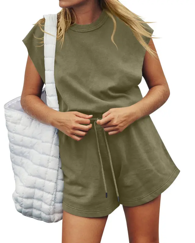 Summer Sleeveless Backless Jumpsuit Casual Loose Top And Drawstring Shorts Overall For Womens Clothing Army Green - Shop at LoveMi