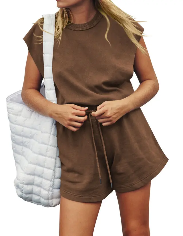 Summer Sleeveless Backless Jumpsuit Casual Loose Top And Drawstring Shorts Overall For Womens Clothing Coffee - Shop at LoveMi