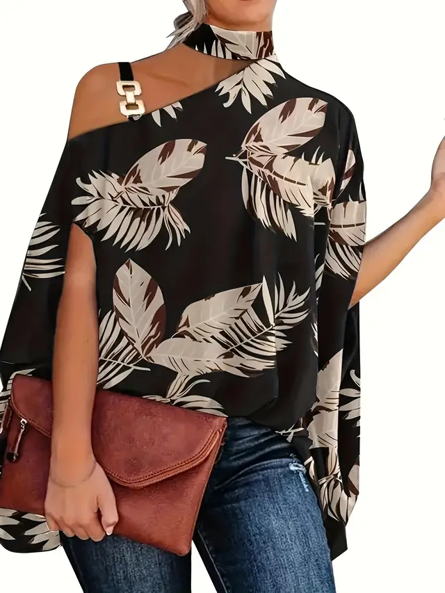 Leaves Print One Shoulder Blouse, Elegant Chain Strap Mock Neck Short Sleeve Blouse For Spring & Summer, Women's Clothing Black - Shop at LoveMi