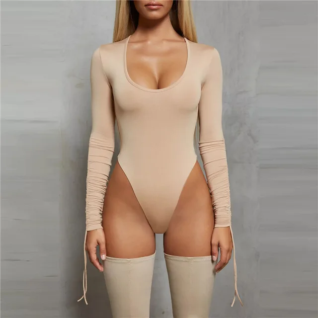 Sexy Solid Color Long Sleeve Scoop Neck Bodysuit Stretchy Micro Elasticity, Drawstring Details, Machine Washable Perfect For Spring And Fall Se... Brown - Shop at LoveMi