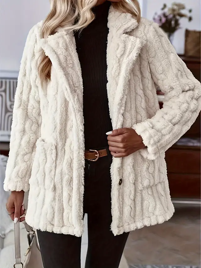 Double sided Plush Water Ripple Button Cardigan Pocket Lapel Casual Top Jacket White - Shop at LoveMi