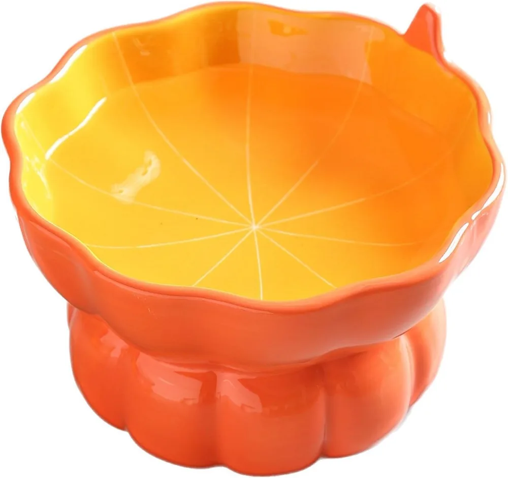 Ceramic Raised Cat Food Bowl Pink Elevated Dish For Indoor Cats With Anti Vomiting And Spinal Protection Pumpkin - Shop at LoveMi